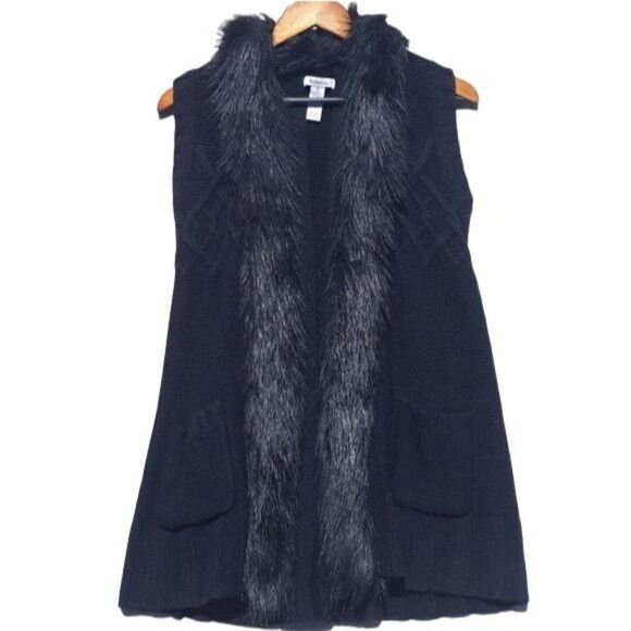 Style & Co Wool Thick Cable Knit Faux Fur Trim Open Cardigan Tunic Black Sz XS - Picture 1 of 8